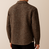 Men’s brown textured button-up jacket with houndstooth-inspired weave.