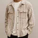 Men’s cream tweed shacket jacket with plaid pattern, styled over white t-shirt.