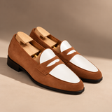 Pair of Milano suede penny loafers in Tan with white leather trim