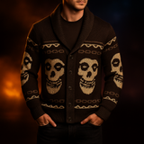 Person wearing a pixelated skull design halloween sweater on a dark background
