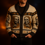 Person wearing a pixelated skull design halloween sweater on a dark background
