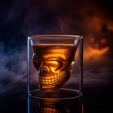 Double-walled glass with a skull-shaped inner design filled with amber liquor, spooky Halloween drinking glass.
