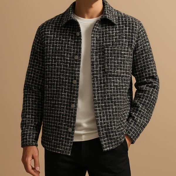 Men’s black and white textured button-up jacket with checkered pattern, styled over a plain white t-shirt.