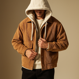 Men’s brown corduroy shacket styled with hooded layers, featuring deep front pockets and a sturdy, everyday fit.