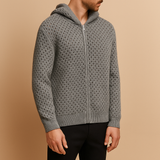 Men’s grey perforated knit zip hoodie designed with breathable fabric, hood, and pockets, offering casual comfort and airflow.