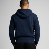 Men’s navy zip-up hoodie made from breathable perforated knit fabric with a hood and front pockets, lightweight and casual for everyday wear