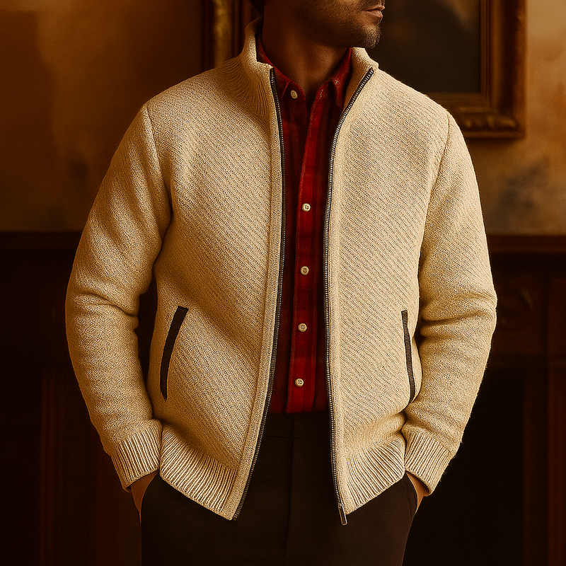 Man wearing a beige knitted zip-up cardigan with ribbed collar and cuffs, styled over a red button-down shirt - premium winter fashion look in a warm-toned indoor setting.