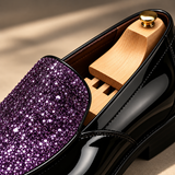 Macro view of the sparkling Purple glitter vamp on Roma Lucido patent loafers