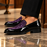 Roma Lucido patent loafers in Purple glitter worn with tailored trousers