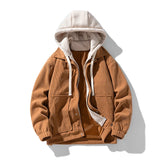 Men’s brown corduroy shacket styled with hooded layers, featuring deep front pockets and a sturdy, everyday fit.