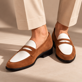 Milano suede penny loafers in Tan worn on feet