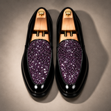Pair of Roma Lucido glitter patent loafers in Purple, on shoe trees