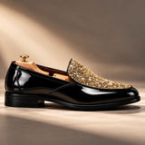 Side profile of Roma Lucido patent loafers in Gold glitter