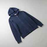 Men’s navy zip-up hoodie made from breathable perforated knit fabric with a hood and front pockets, lightweight and casual for everyday wear