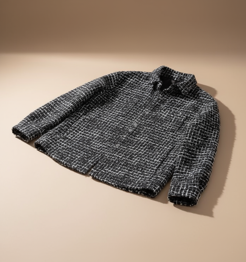 Men’s black and white textured button-up jacket with checkered pattern