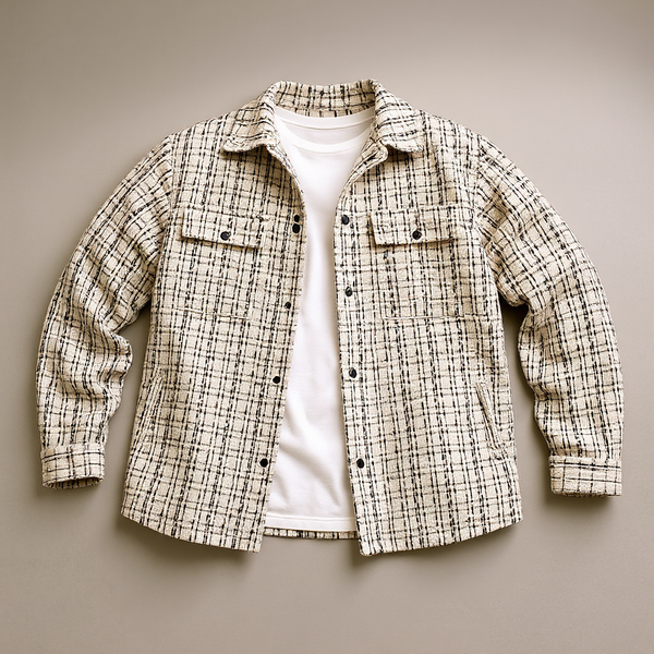 Men’s cream plaid tweed shacket overshirt with chest pockets, layered over t-shirt.